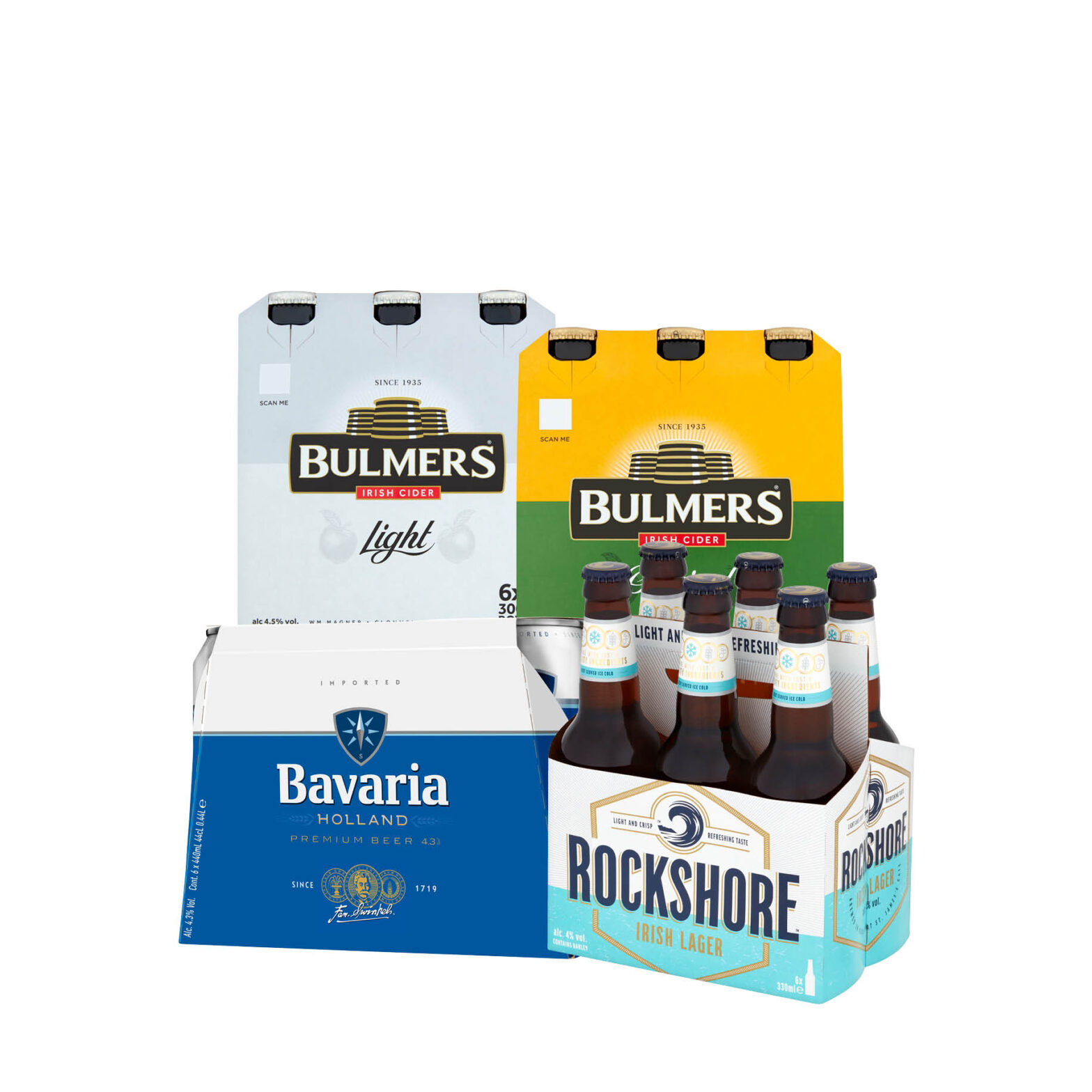 Bulmers Light / Original Cider Bottle 6 Pack / Bavaria Can 6 Pack / Rockshore Irish Lager Bottle 6 Pack