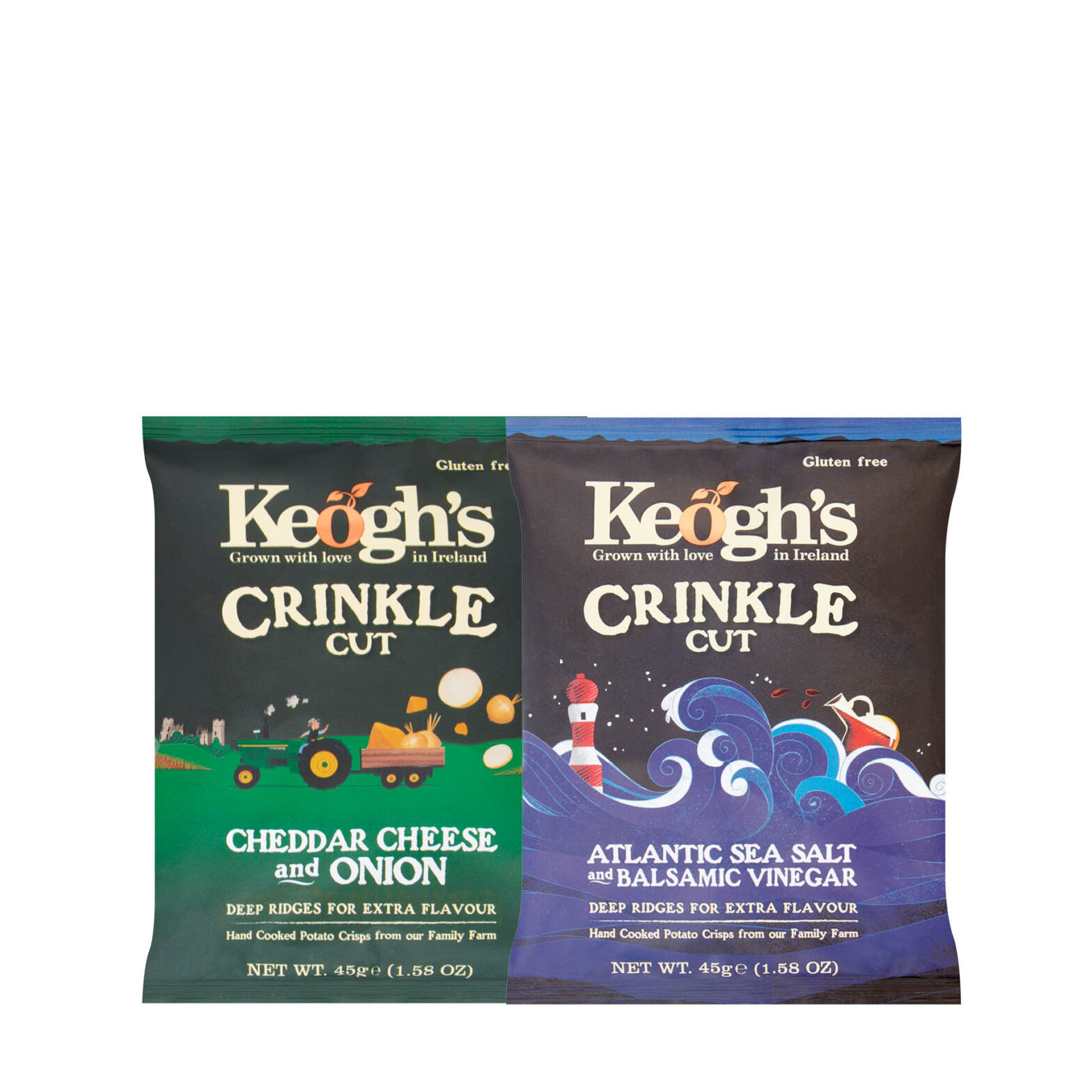 Keogh’s Crinkle Irish Cheddar Cheese & Onion Crisps / Keogh’s Crinkle Atlantic Sea Salt & Balsamic Vinegar Crisps