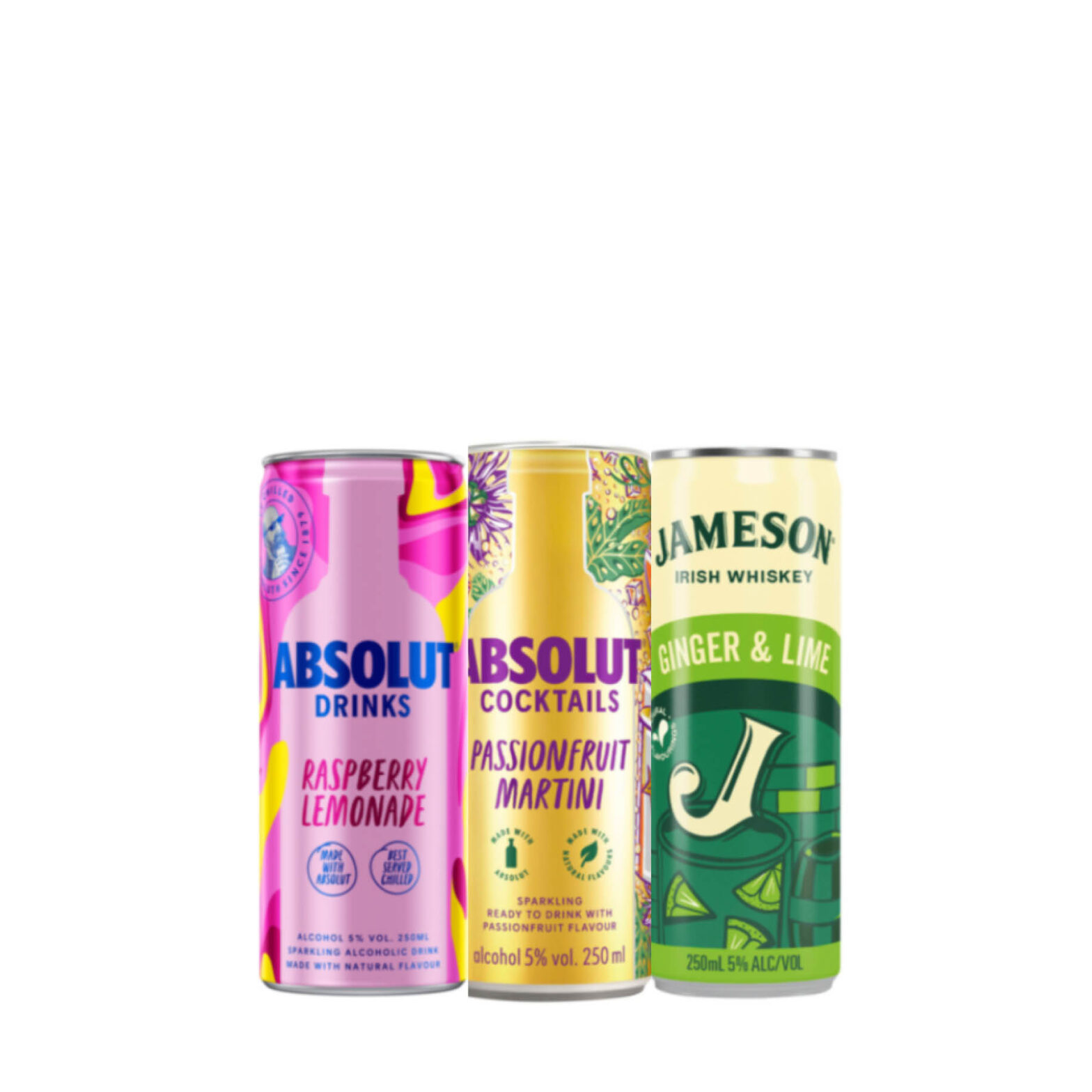 Jameson Ginger & Lime Can / Absolut Passionfruit Can / Absolut Mixt Raspberry & Lemon Can