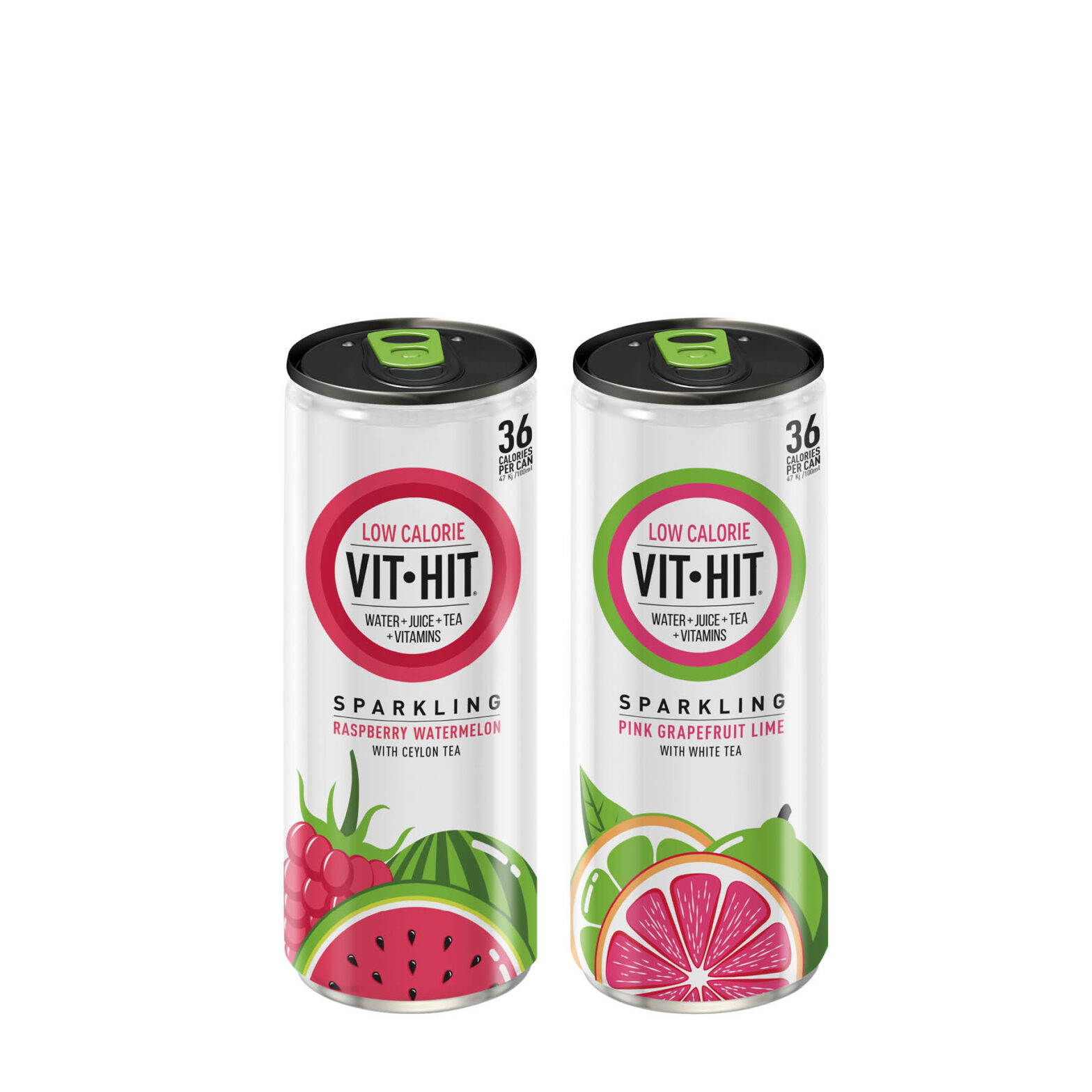 Vit Hit Raspberry Watermelon with
Ceylon Tea / Pink Grapefruit Lime
with White Tea Sparkling Drink Can