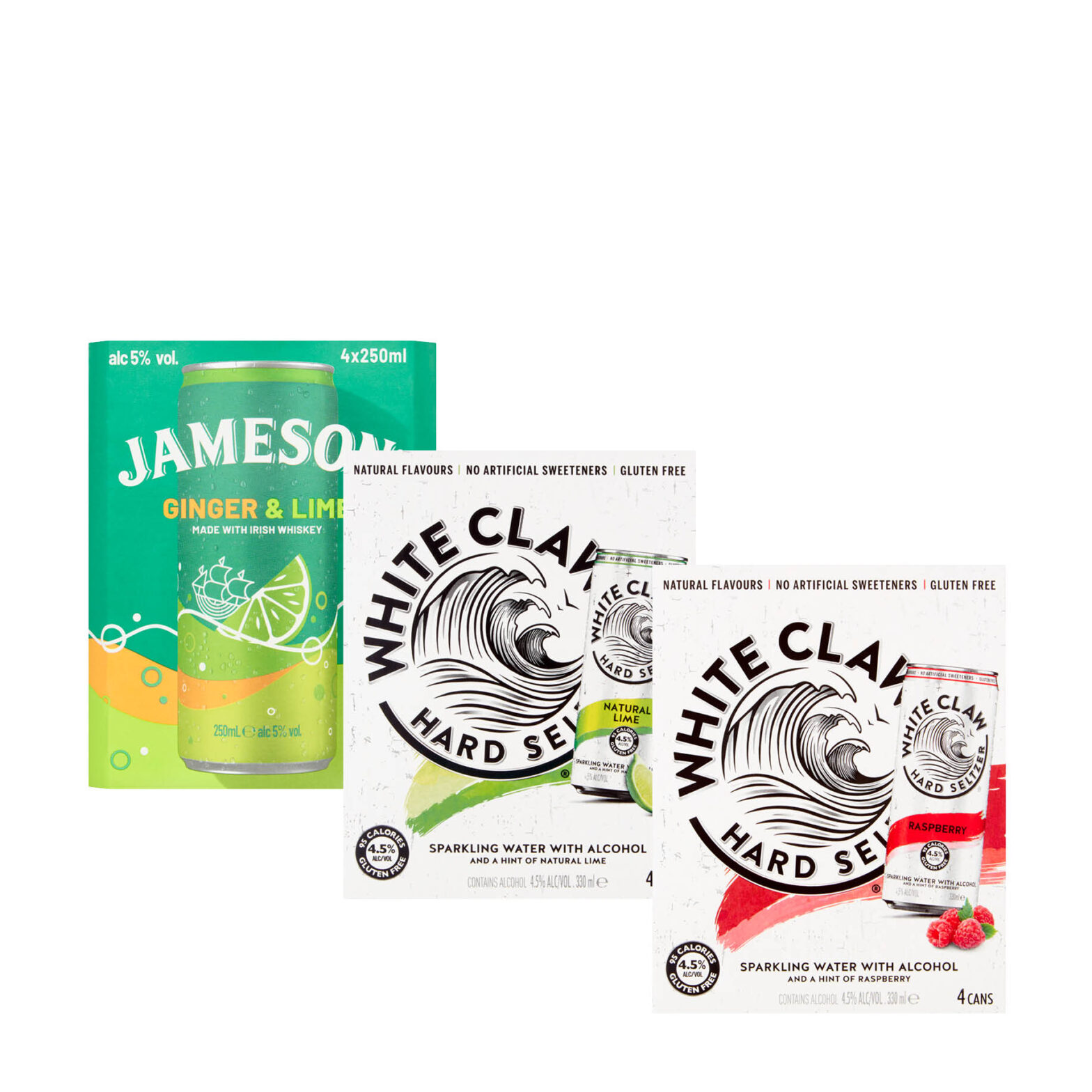 Jameson Ginger & Lime / White Claw Natural Lime / Raspberry 4 Pack cans