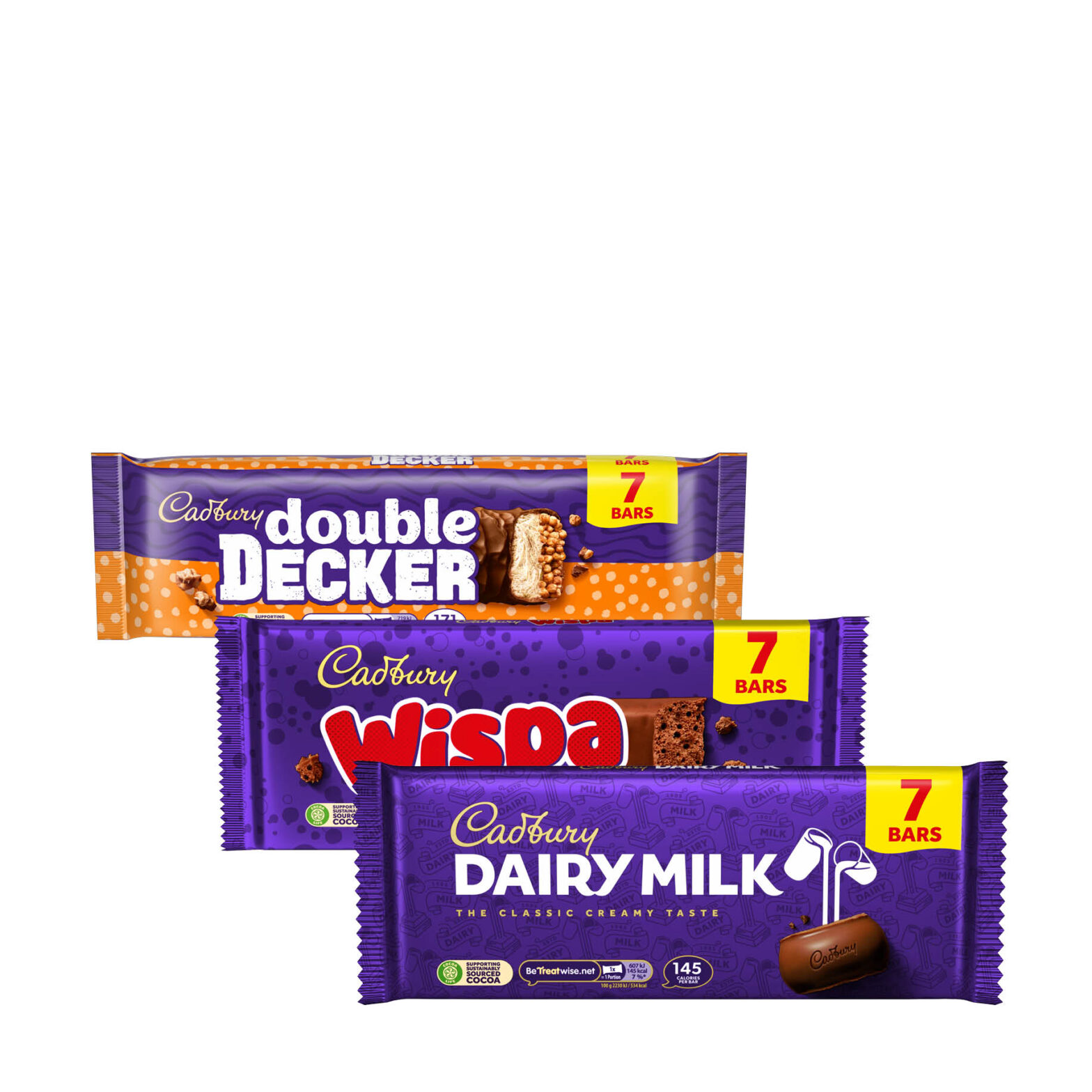Cadbury Double Decker Chocolate Bar 7 Pack/Cadbury Wispa Chocolate Bar 7 Pack/Cadbury Dairy Milk Chocolate Bar 7 Pack